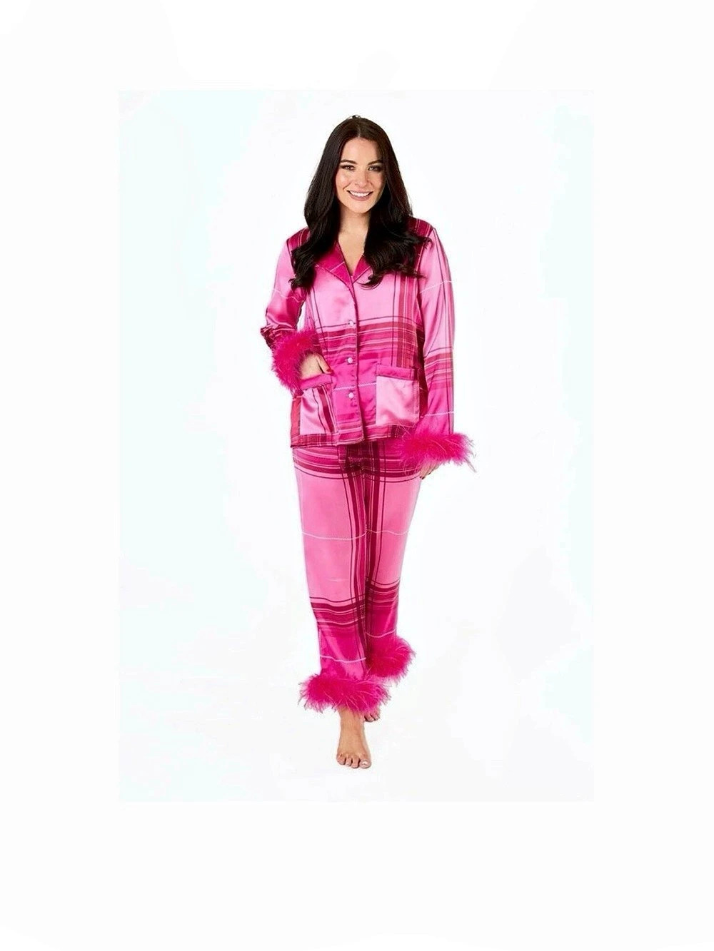 Pink Plaid Feather Trim Pajama Set Like New